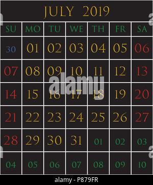 2019 Calendar for the month of July on black background Stock Vector