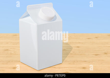 Blank carton packaging container box with plastic cap on the wooden table. 3D rendering Stock Photo