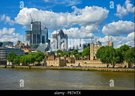 London skyline with old and new buildings including the Tower of London and The Gherkin. Stock Photo