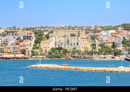 Cesme castle with marina area with small pier in Cesme, İzmir, Turkey Stock Photo