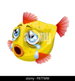 Cartoon weeping yellow fish isolated on a white background. Vector cartoon close-up illustration. Stock Vector