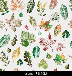 Leaves are colored silhouettes of trees and bushes. Seamless pattern. Set of vector illustrations. Stock Vector