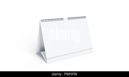 Blank white calendar mock up front view, isolated, 3d rendering. Empty desk calendar mockup with metal spirals. Clear table calender template. Landsca Stock Photo