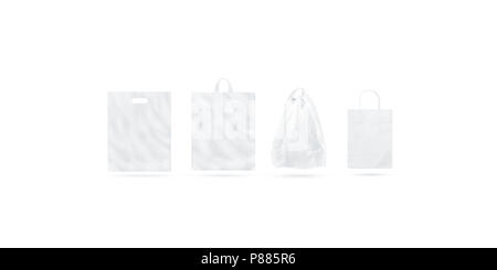 Blank white full loop handle plastic bag mockup, half-turned view