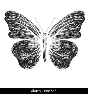 Butterfly black vector. Pattern on the wings. Laser cutting. Stock Vector