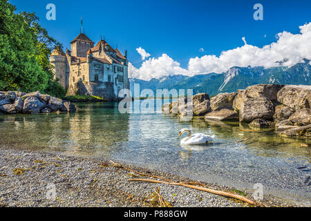VEYTAUX, SWITZERLAND - June1, 2018 - Famous Chateau de Chillon at Lake Geneva near montreux, Switzerland, Europe. Stock Photo