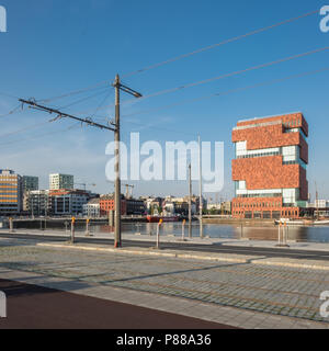 View on new tramline in front of MAS Museum, Wednesday 14 June 2017, Antwerp, Belgium. Stock Photo