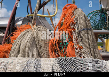 Close-up view on fishing nets in the old port of Oudeschild Stock Photo