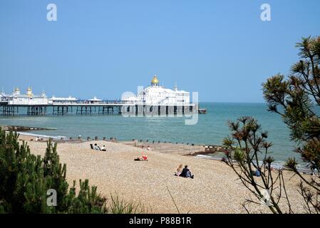 The seafront at Eastbourne on a hot summers day with the pier and beach in the background, East Sussex England UK Stock Photo