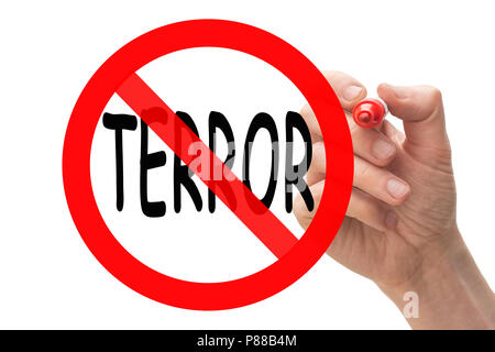 Hand drawing stop sign around the word terror. Conceptual. Stock Photo
