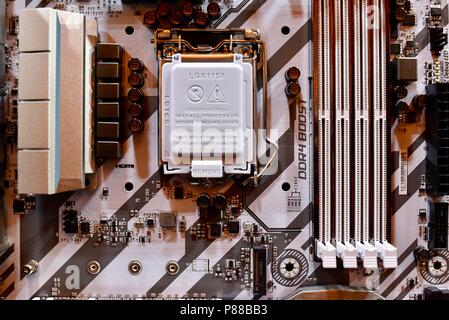 Close up of modern MSi computer motherboard with CPU socket, RAM slot, circuitry with MSi on display at the CES, in Las Vegas, NV, USA. Stock Photo