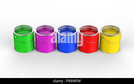colorful paint cans open in a row Stock Photo