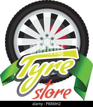 Tyre store or repair logo with green ribbon. Modern, solid and flat color style design vector. Stock Vector