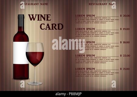 Wine card menu design with realistic bottle and glass. Restaurant wine list beverage menu, red wineglass template. Vector illustration Stock Vector