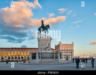 6 March 2018: Lisbon, Portugal -  Praca do Comercio, or Commercial Square, with the equestrian statue of King Jose I, at sunset. Stock Photo