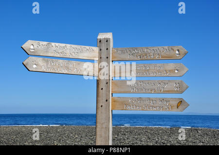 Signpost for footpath routes, Lynmouth, North Devon, England, UK Stock Photo