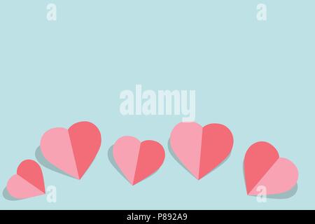 vector illustration with pink paper hearts Valentines day card on pastel blue background with copy space for greeting card or wedding card Stock Vector