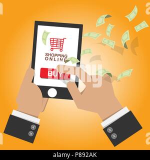 vector illustration. online shop icon on mobile smart phone with screen sell and buy with money bank note flow at background. online shopping concept Stock Vector