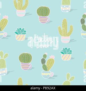 vector illustration cactus seamless pattern background. colorful pastel color tone seamless pattern of different cute cartoon cactus for background Stock Vector