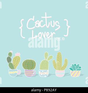 vector illustration cactus pattern background. colorful pastel color tone seamless pattern of different cute cartoon cactus for background Stock Vector