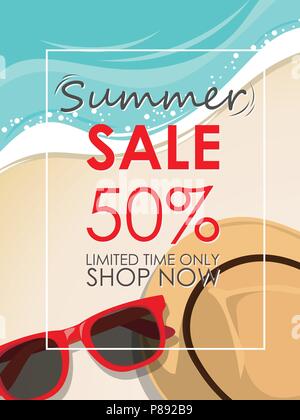 summer sale template banner with beach accessories background. vector summer sale background for banner, poster, flyer, card, postcard, cover, brochur Stock Vector