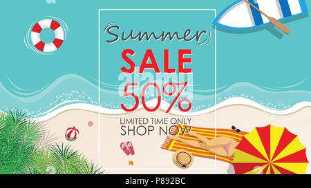 summer sale discount 50 percent off template banner with beach accessories background. vector summer sale background for banner, poster, flyer, card,  Stock Vector