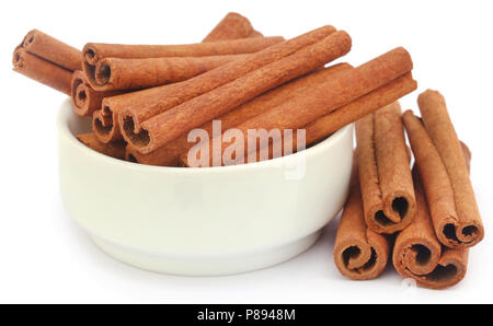 Bunch of some fresh aromatic cinnamon in a bowl over white background Stock Photo