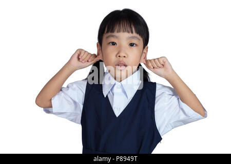 Asian Little Chinese Girl pulling her ears in isolated White Background Stock Photo