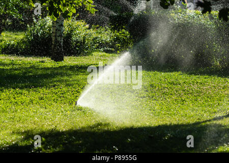Automatic watering sprinkler system works in the garden on a hot and sunny summer day to refresh plants and grass Stock Photo