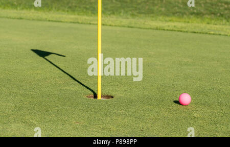 Pink golf ball by flag and hole on putting green Stock Photo