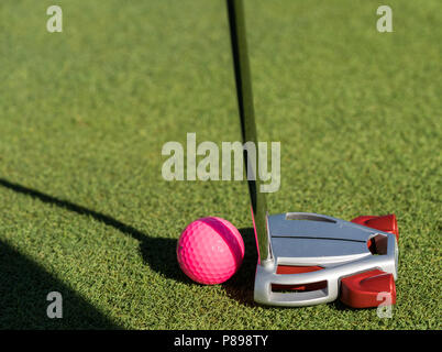 Pink golf ball and putter on the edge of putting green Stock Photo