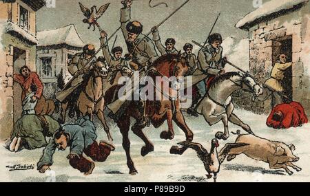 Guerra Ruso-Japonesa (1904-1905). Los cosacos atacando una villa coreana. Cromo de Chocolates Amatller. Año 1905. Stock Photo