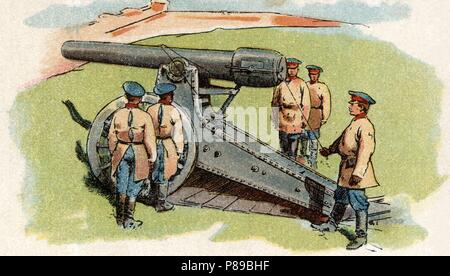 Guerra Ruso-Japonesa (1904-1905). Artillería rusa. Batería de fortaleza. Cromo de Chocolates Amatller. Año 1905. Stock Photo