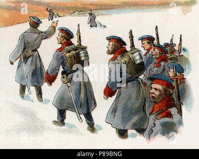 Guerra Ruso-Japonesa (1904-1905). Una división de infantería rusa en marcha. Cromo de Chocolates Amatller. Año 1905. Stock Photo