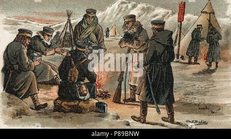 Guerra Ruso-Japonesa (1904-1905). Campamento ruso en Manchuria por navidad. Cromo de Chocolates Amatller. Año 1905. Stock Photo