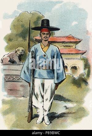 Guerra Ruso-Japonesa (1904-1905). Soldado coreano. Cromo de Chocolates Amatller. Año 1905. Stock Photo