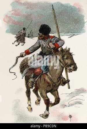 Guerra Ruso-Japonesa (1904-1905). Cosaco de la caballería rusa. Cromo de Chocolates Amatller. Año 1905. Stock Photo