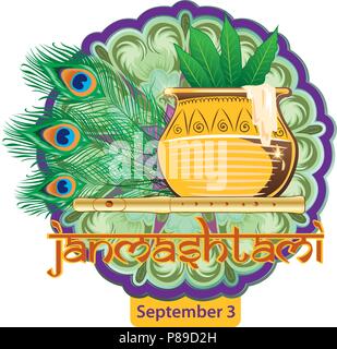 illustration of Lord Krishna in Happy Janmashtami festival of India with text in Hindi meaning Shri Krishn Janmashtami Stock Vector