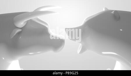 Two glossy white porcelain statuettes depicting a stylized bull and bear in dramatic light representing financial market trends on a white studio back Stock Photo