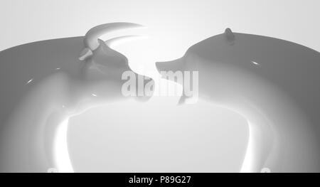 Two glossy white porcelain statuettes depicting a stylized bull and bear in dramatic light representing financial market trends on a white studio back Stock Photo