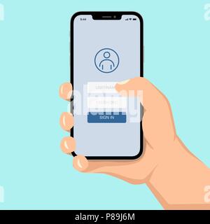 Brutal human hand holding smartphone with sign in application ui flat style illustration. Stock Vector