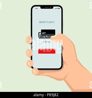 Brutal human hand holding smartphone with ticket application ui flat style illustration. Stock Vector