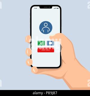 Brutal human hand holding smartphone with video call application ui flat style illustration. Stock Vector