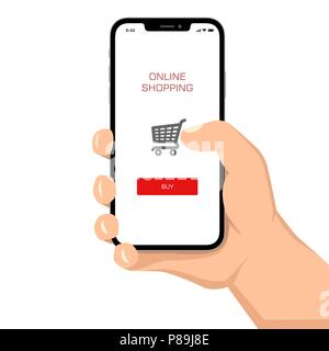 Brutal human hand holding smartphone with shopping application ui flat style illustration. Stock Vector