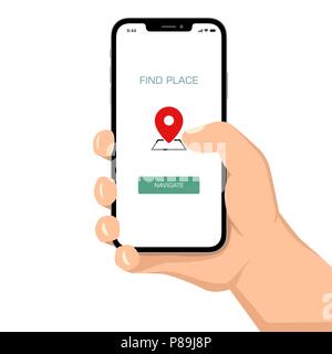 Brutal human hand holding smartphone with location application ui flat style illustration. Stock Vector