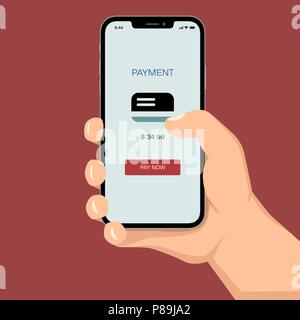 Brutal human hand holding smartphone with payment application ui flat ...