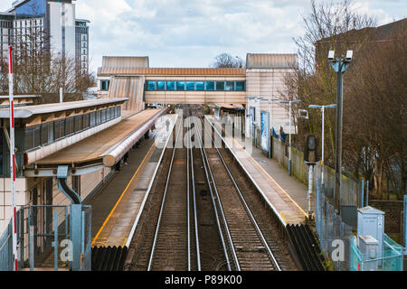 FELTHAM, UK - March 16 2018: Aerial view of Feltham railway station. Feltham, UK Stock Photo