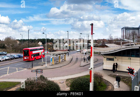 FELTHAM, UK - March 16 2018: Railway and bus station in central Feltham. Feltham, UK Stock Photo