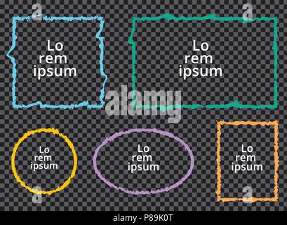 Set of grunge colorful frames on transparent background. Square, rectangle, circle, oval. Vector illustration Stock Vector