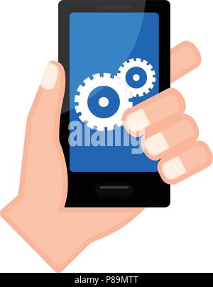 hand holding smartphone settings screen gear icon vector illustration ...